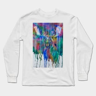 Moose In Forest Watercolor Long Sleeve T-Shirt